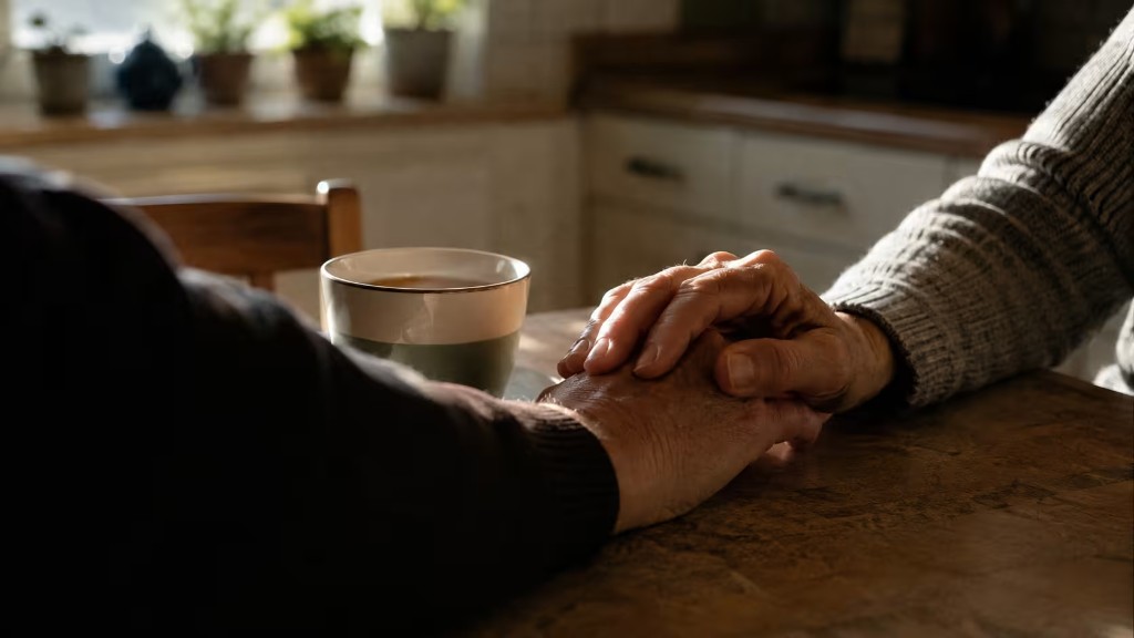 Zwei Hände auf einem Holztisch neben einer Tasse Tee – Geste der Unterstützung für Angehörige bei Depression