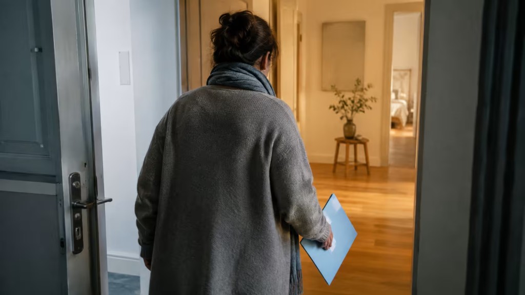 Frau mit Ordner betritt ein warm beleuchtetes Zuhause – Symbol für den Übergang nach der psychiatrischen Klinikentlassung