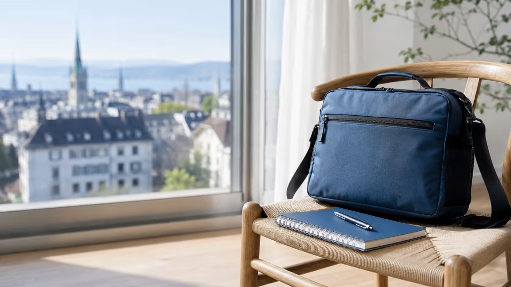 Blaue Pflegetasche und Notizbuch auf einem Holzstuhl vor einem Fenster mit Zürcher Stadtblick